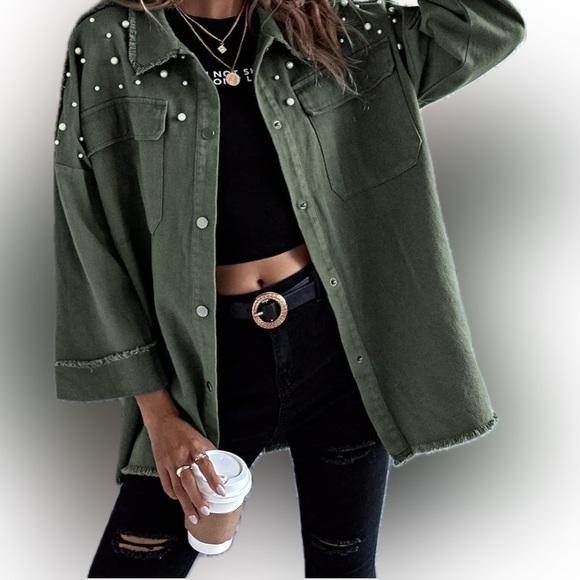 NWOT - La La Factory | army green | raw edges | accent faux pearls | Size Small - Picture 3 of 7